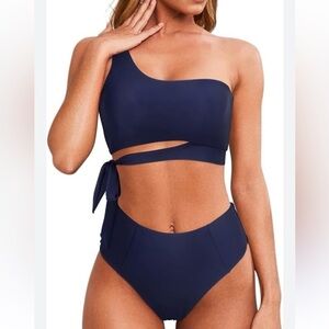 Women Wrap Halter Bikini Set High Waisted Two Piece Navy Swimsuits NWOT Size M
